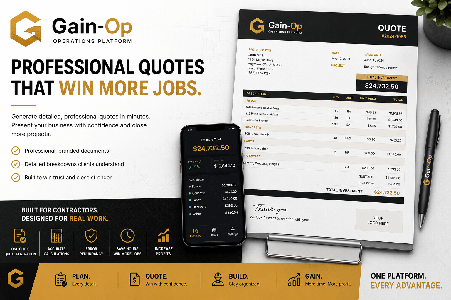 Professional Quotes That Win More Jobs. PDF quote preview with detailed material breakdown.